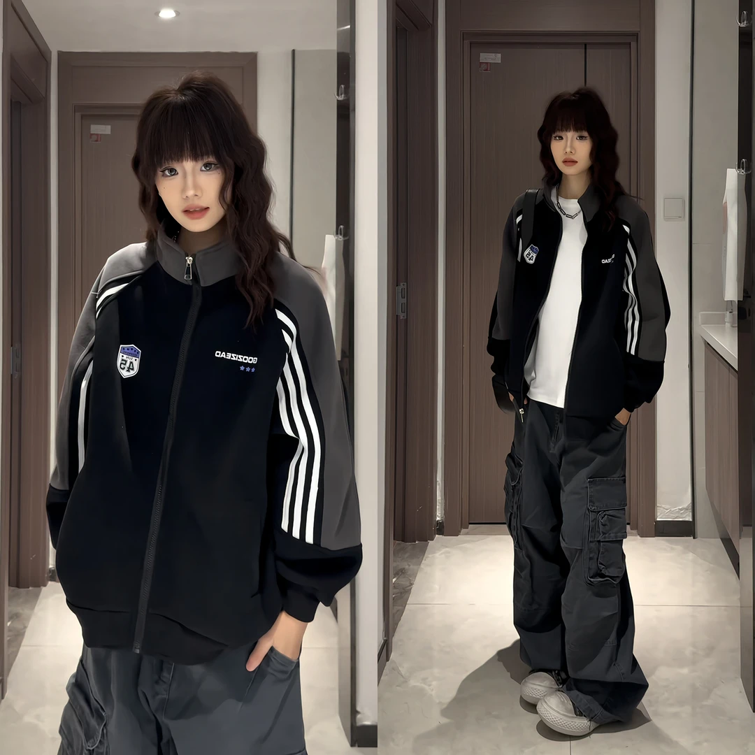 插肩袖运动开衫卫衣外套男秋季新款美式撞色休闲立领棒球夹克上衣