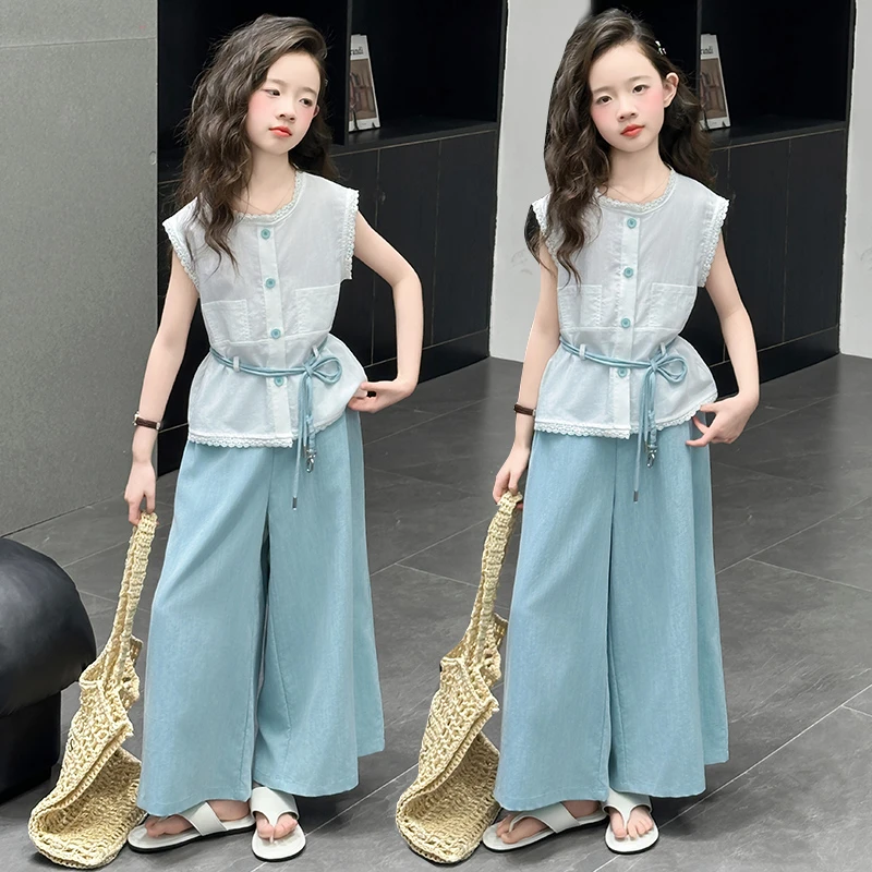女童夏装套装2025新款6-12岁15岁中大童时尚洋气无袖阔腿裤两件套