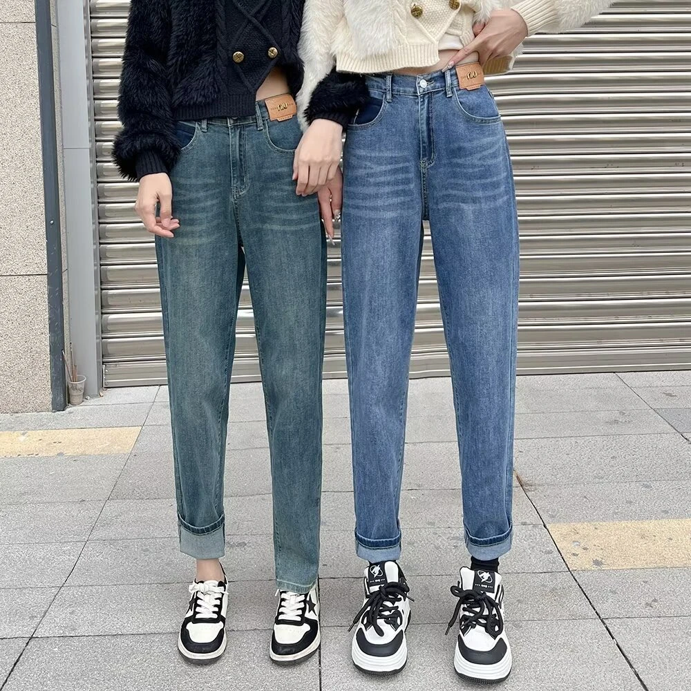 大码胖mm弹力高腰显瘦牛仔裤女春季新款百搭遮胯贴标休闲哈伦裤