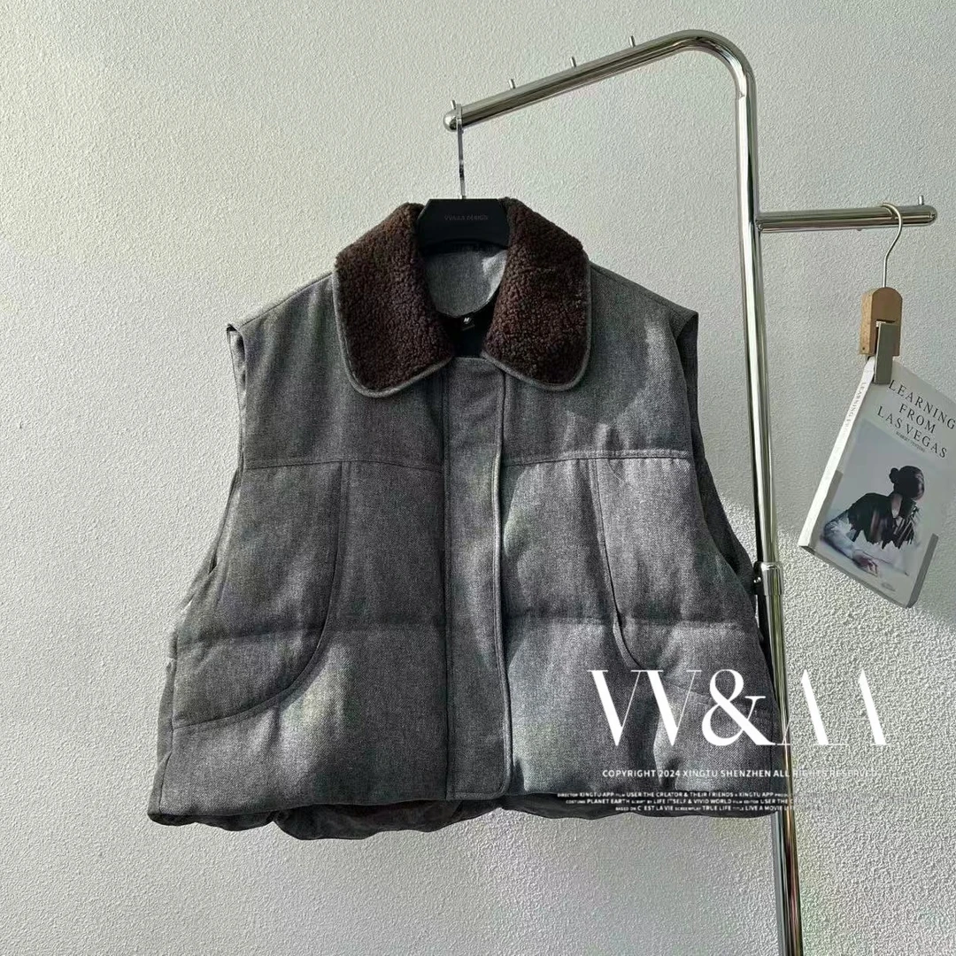 VV&AA 羊羔毛翻领拼色无袖羽绒马甲 ZW5067