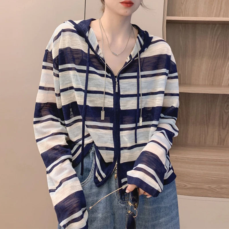 2025年夏季韩版慵懒风宽松显瘦条纹针织防晒衣外套女开衫连帽上衣