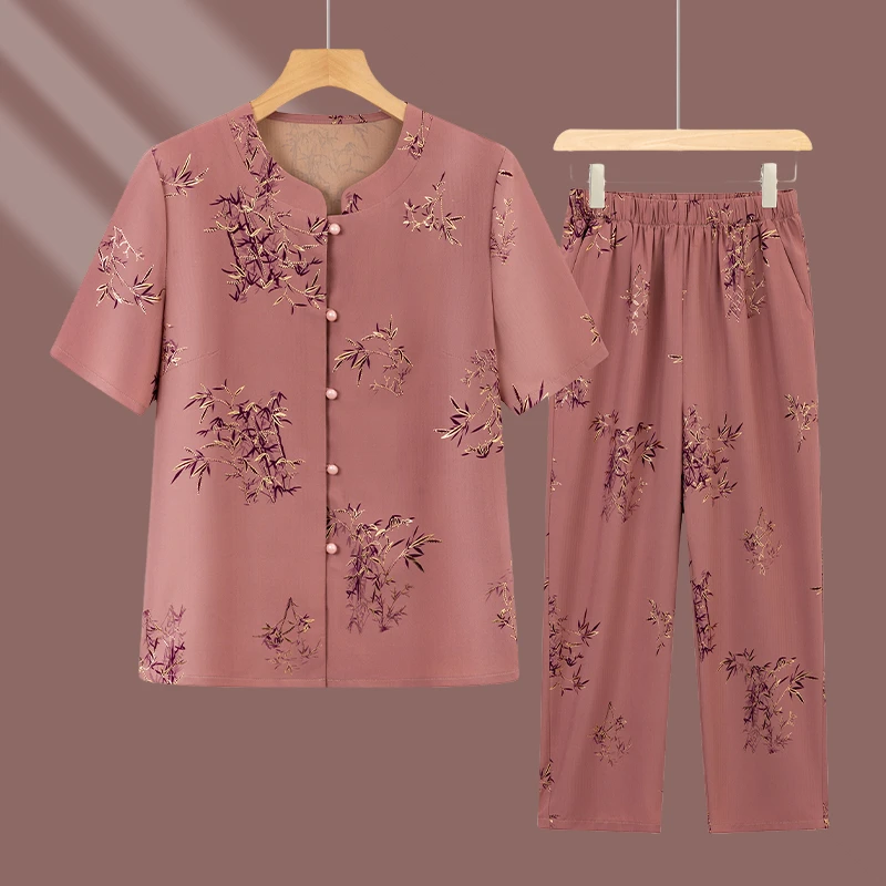 中老年人女装夏装短袖衬衫两件套奶奶夏季七分套装老太太妈妈衣服