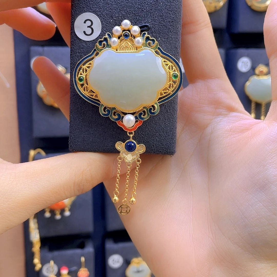 和田玉颈饰银S925镀金镶嵌