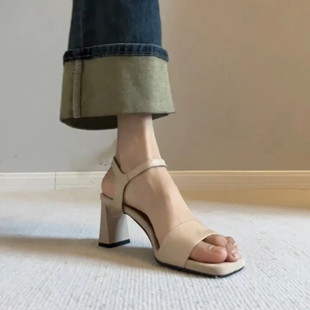 羊皮版~方头复古百搭不累脚高跟鞋女一字带外穿真皮露趾夏季凉鞋