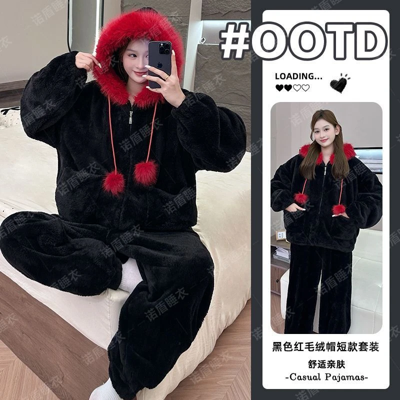 加绒加厚睡衣女2025冬季珊瑚绒保暖套装爆款新款学院风家居服套装