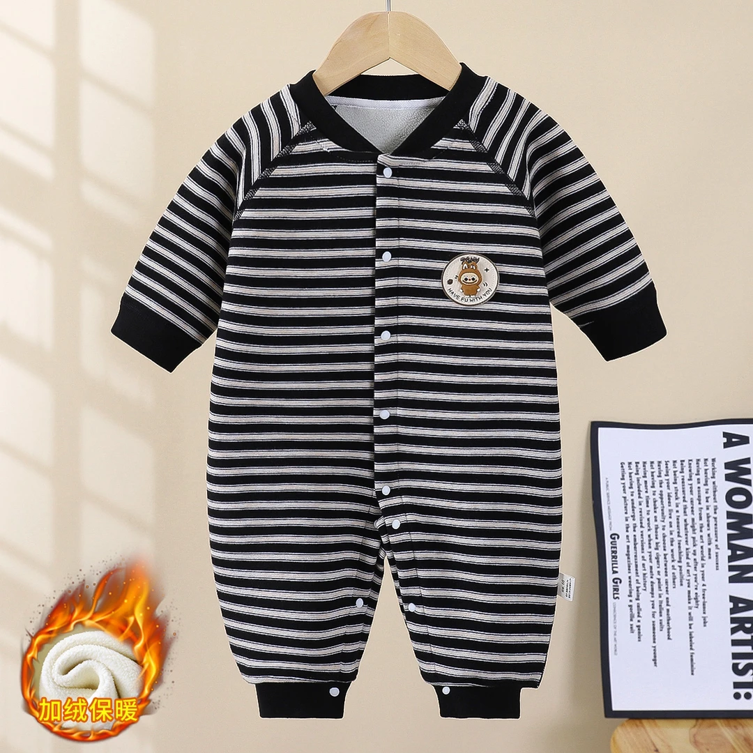 （加绒加厚）婴幼儿羊毛蚕丝秋冬新款无骨条纹连体衣宝宝哈衣爬服