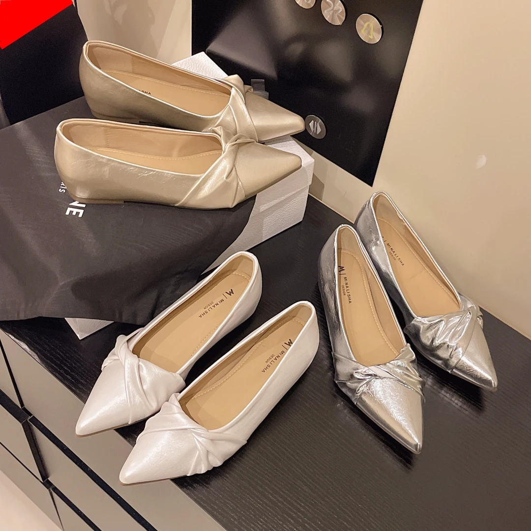 新款法式小香风蝴蝶结尖头浅口内增高时尚百搭气质仙女风平底单鞋