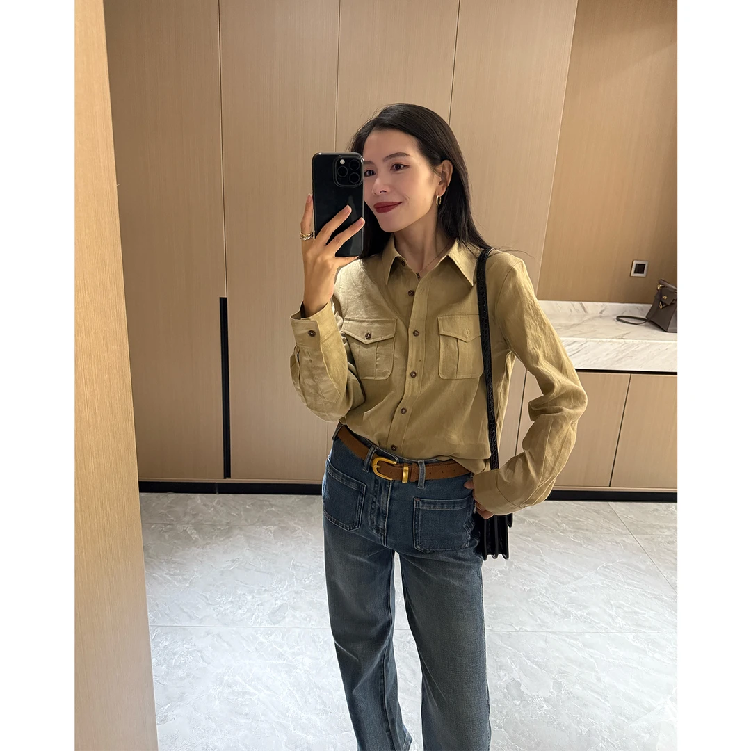 2025秋新品100%亚麻气质休闲衬衫女显瘦高级老钱长袖宽松内搭上衣