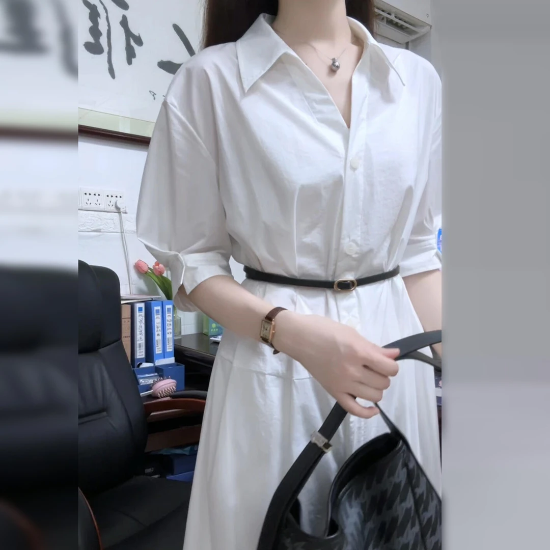夏季洋气衣服白色衬衫连衣裙子女2025新款法式高级感收腰polo长裙