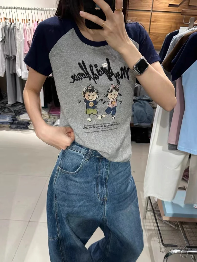 【BAI】夏新款时尚拼色卡通图案短袖T恤女上衣25025