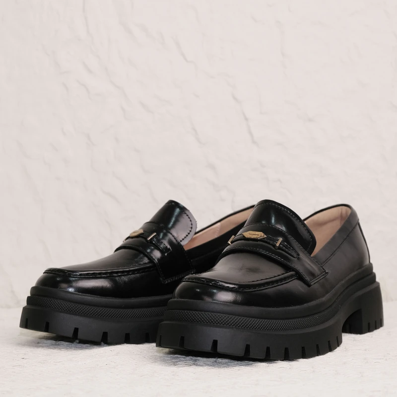 JN5D22/牛皮/4cm英伦风乐福鞋时尚百搭方跟圆头休闲单鞋