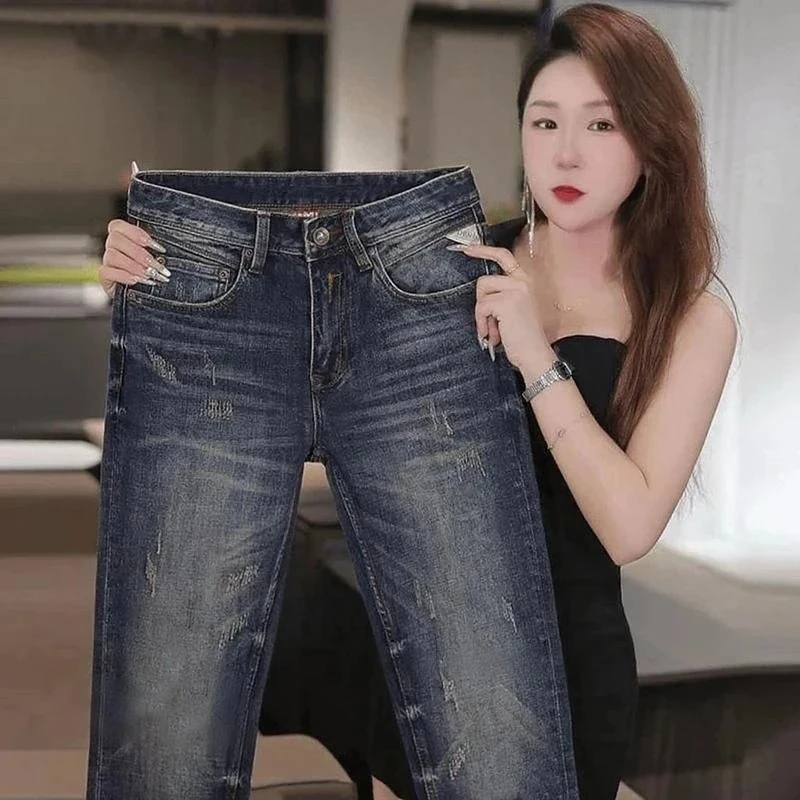 高端刮烂做旧新款轻奢牛仔裤男士修身高定小直筒美式复古男生长裤