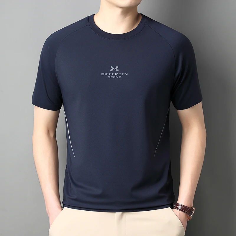夏季男士休闲运动圆领短袖t恤纯色冰丝速干T恤时尚百搭中老年男装