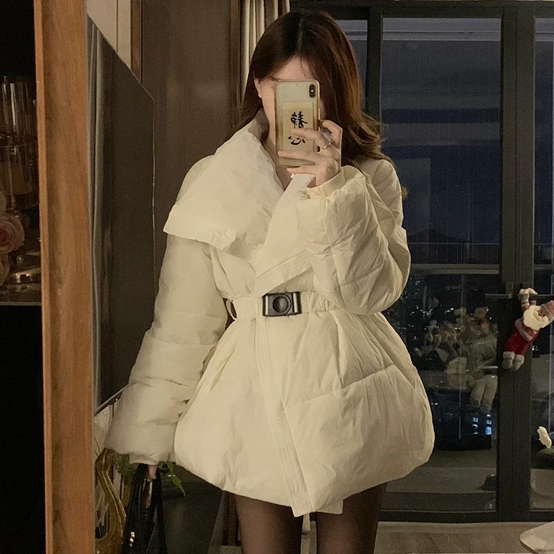 2025秋冬穿搭实拍 设计小众大翻领棉服女2024冬季韩版收腰显瘦保