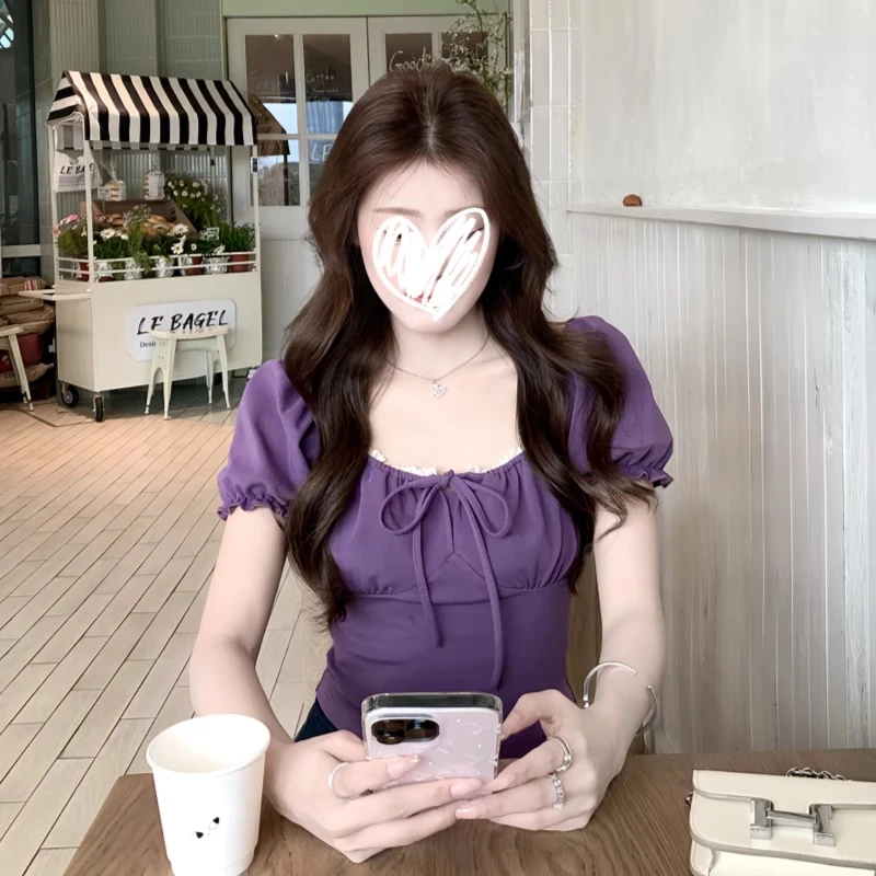 韩版时尚泡泡袖紫色T恤女2025夏季新款设计感小众显瘦百搭上衣潮