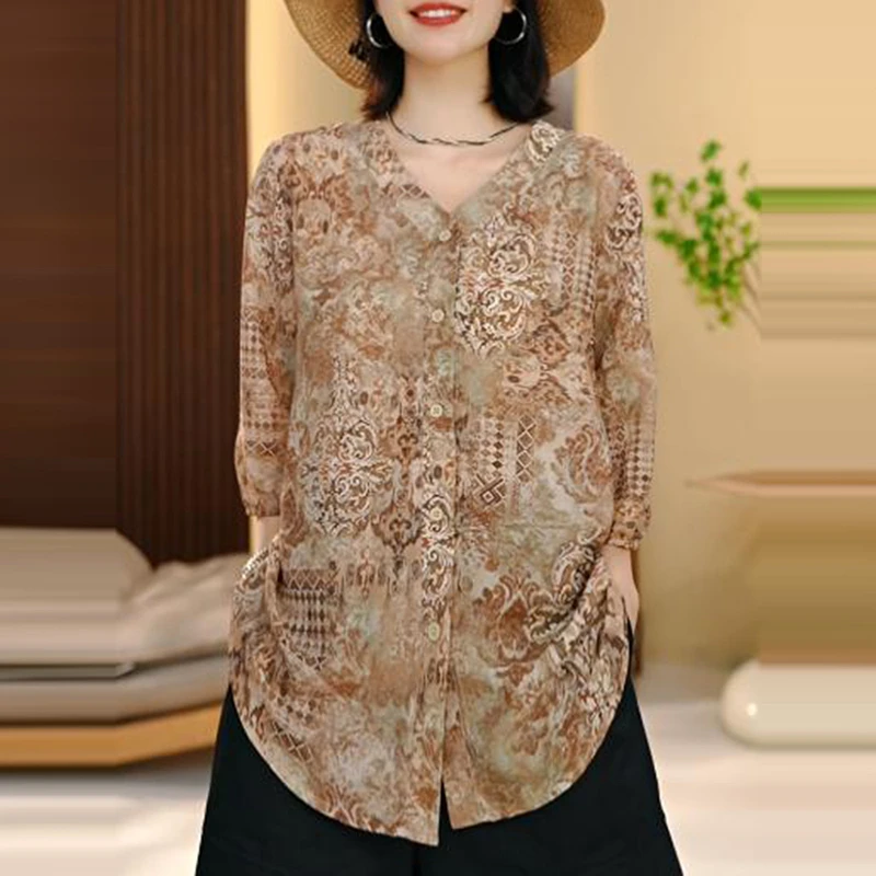 法式复古小衫时尚气质百搭显瘦轻奢洋气设计感印花衬衫女夏季新款