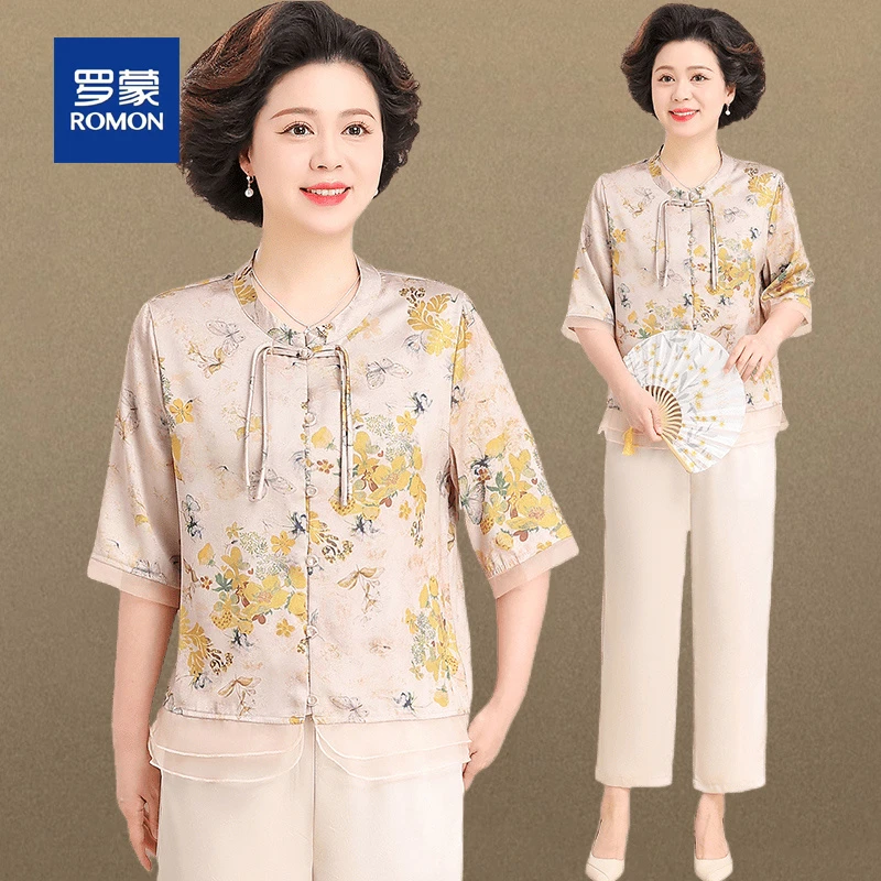 罗蒙新中式妈妈装夏季国风衬衫套装女中老年人贵气绣花中袖小衫女