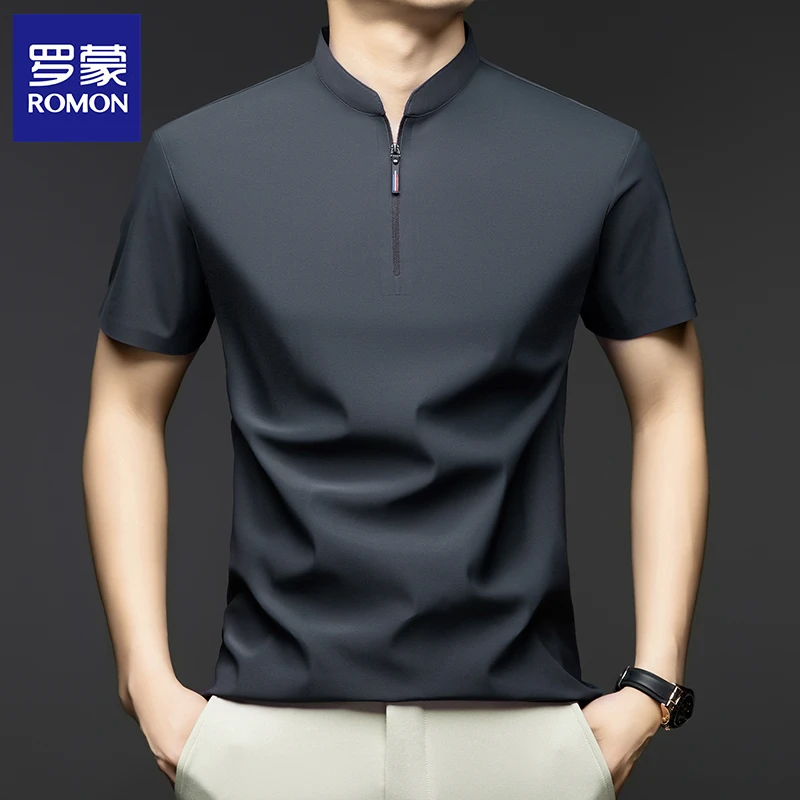 罗蒙夏季新款男士立领半拉链T恤衫时尚休闲百搭纯色商务凉感上衣