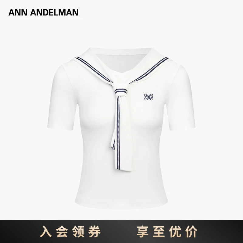 ANN ANDELMAN 2025夏季新款短袖海军蓝撞色修身T恤带披肩