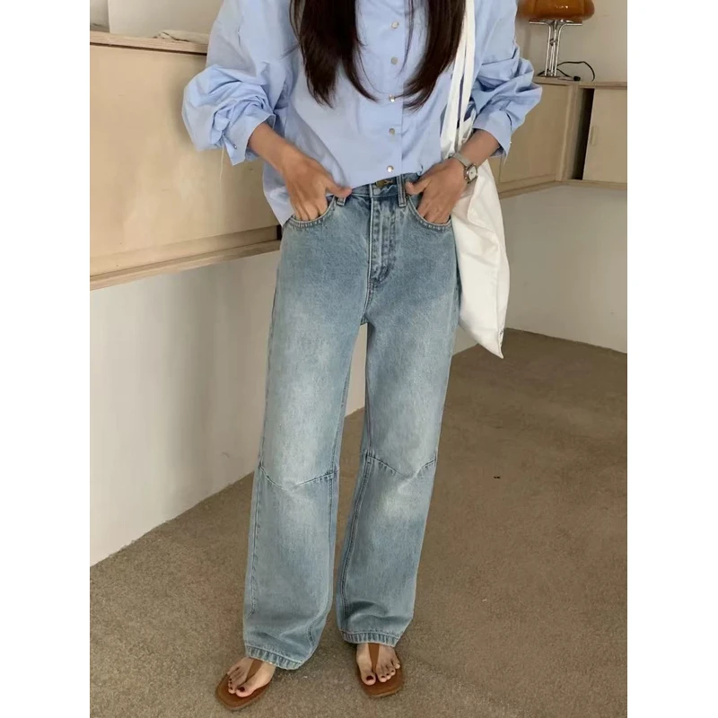 1485 23099韩版高腰直筒牛仔裤女春夏新款显瘦直筒裤子