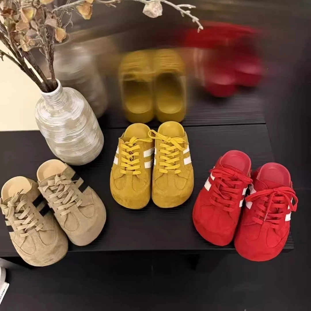 2025春夏新款时尚韩版德训鞋系带休闲风百搭内增高软底包头半拖鞋