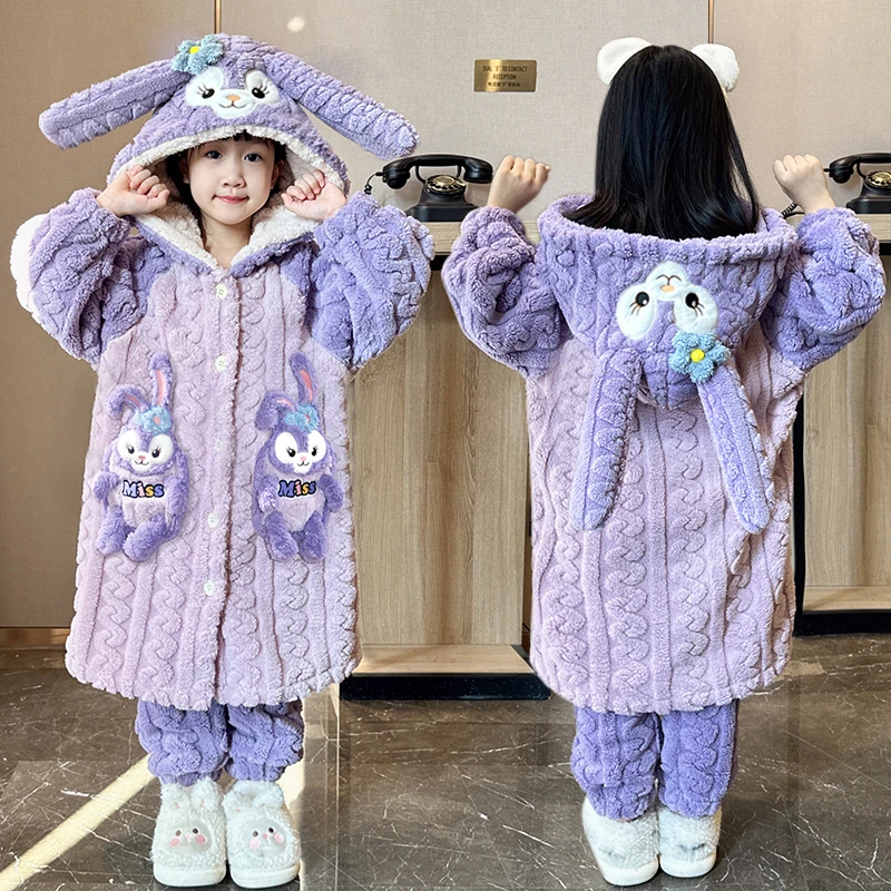 冬季新款儿童睡衣女童加绒新款法兰绒睡袍大童小女孩珊瑚绒家居服