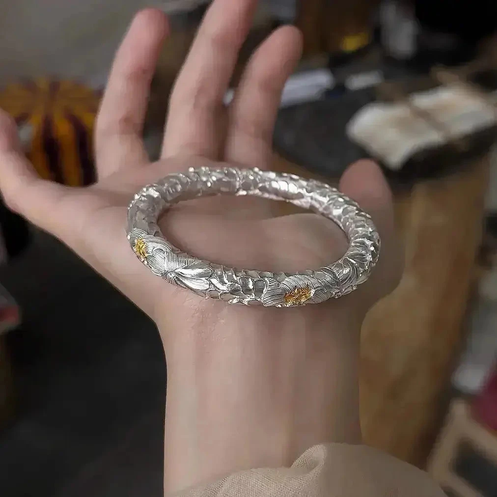 新中式复古足银9999精致非遗手工锻打牡丹银手镯情人节送女友礼物