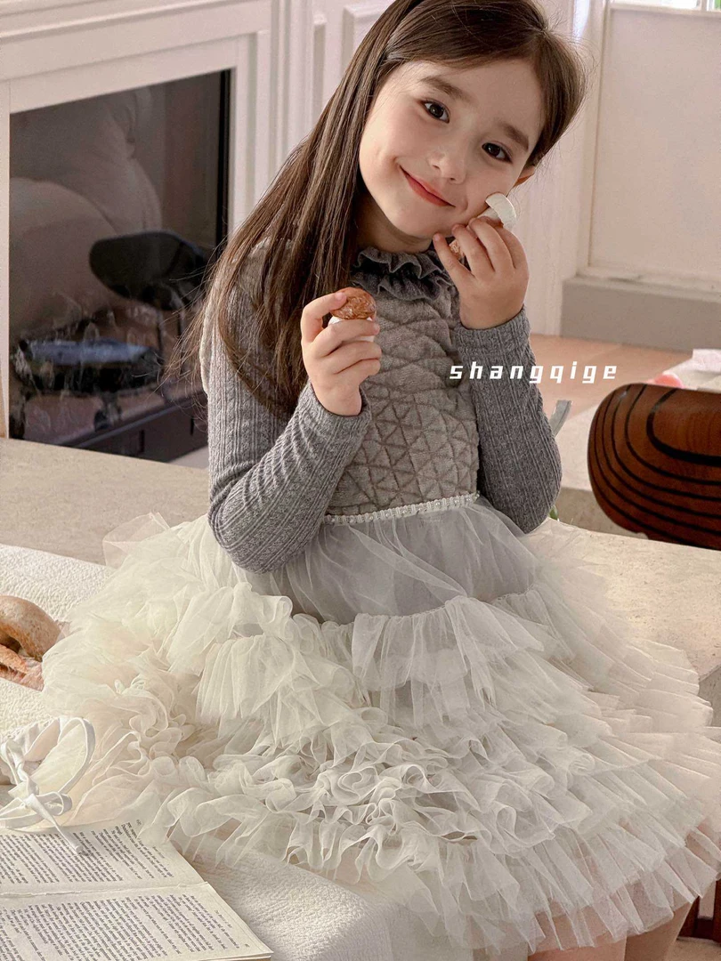 【恩姐定制】冬季童装加绒厚款女童设计师走秀咖灰色连衣裙END661