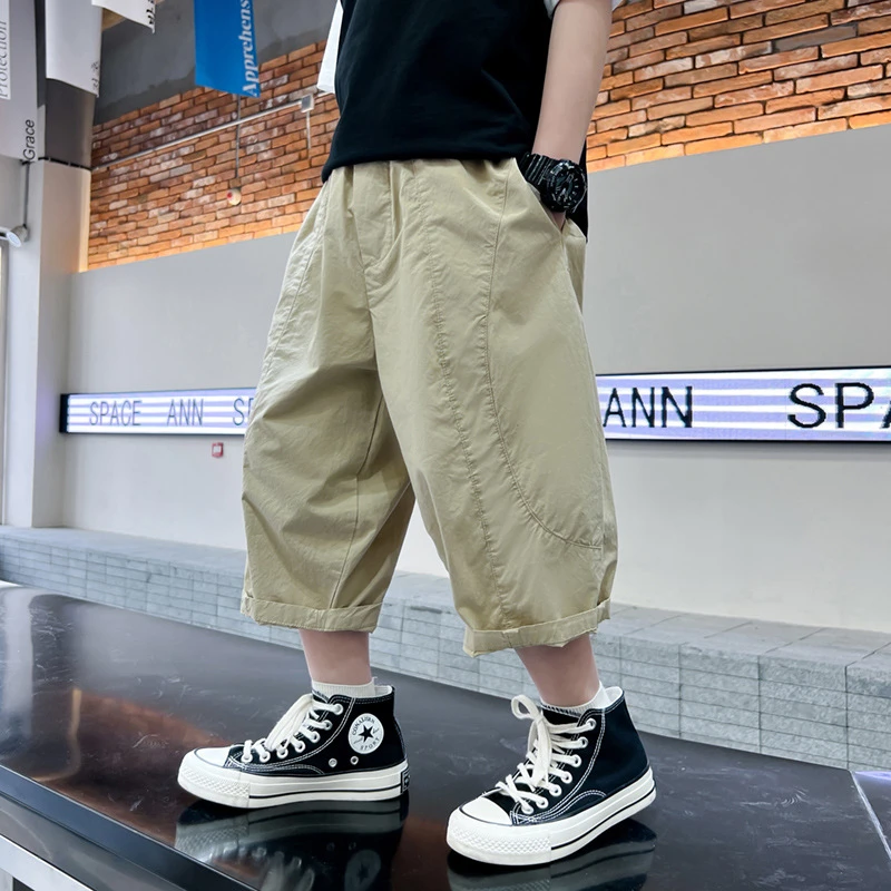 儿童纯色休闲七分裤夏季2025新款男童裤子男孩中大童薄款运动裤潮