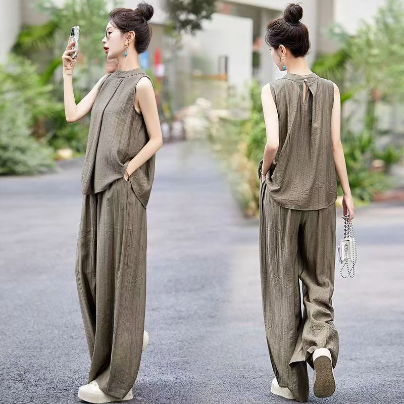 夏季运动套装女2025新款韩版大码宽松无袖衬衫+阔腿裤休闲两件套
