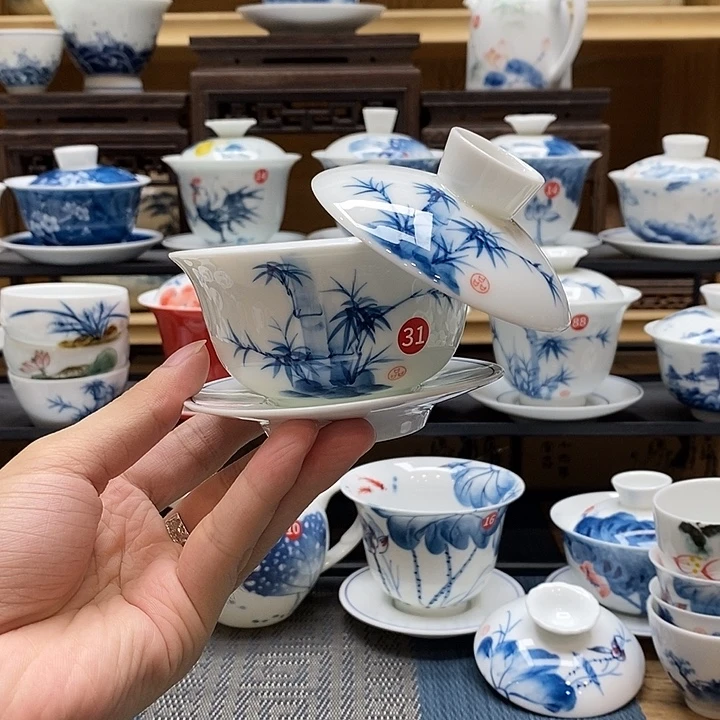 手绘竹子盖碗150釉下彩高温瓷微瑕福利款