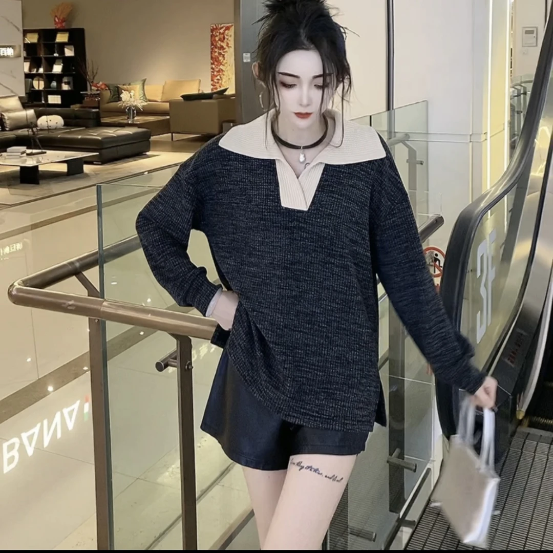 新款时尚拼接遮肉百搭宽松显瘦气质打底衫秋冬女装潮