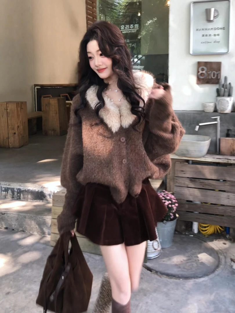 冬日焦糖玛奇朵气质氛围感穿搭咖色一整套毛领针织衫高腰半身裙女