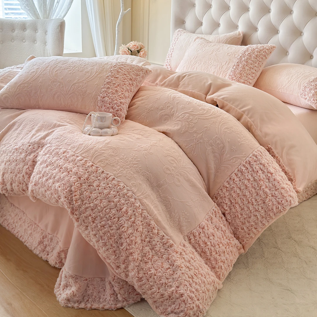 少女心保暖玫瑰雕花冬季四件套法式加厚牛奶绒被套床品床盖紫粉色
