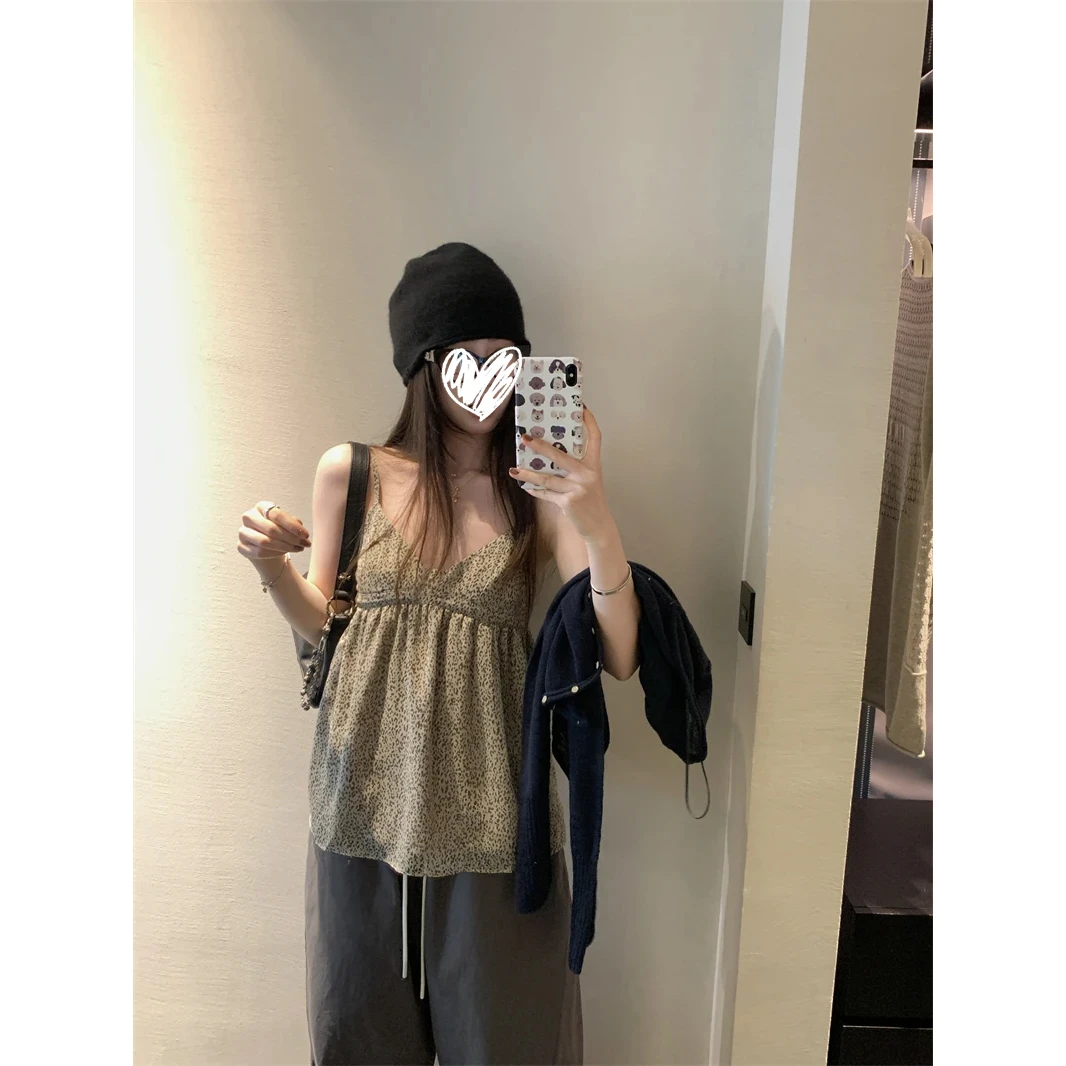 时髦配方 复古豹纹小吊带无袖背心上衣