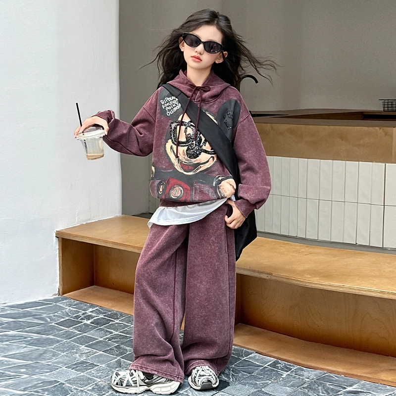 女童春秋款套装2025新款大儿童童秋装宽松女孩连帽卫衣运动两件套