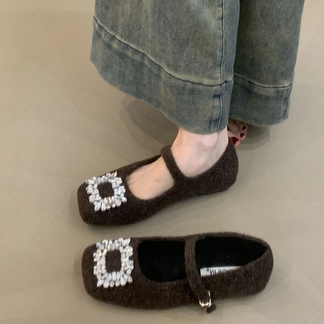 NQL-A309-11温柔毛毛鞋女外穿2025法式气质水钻方扣加绒玛丽珍鞋