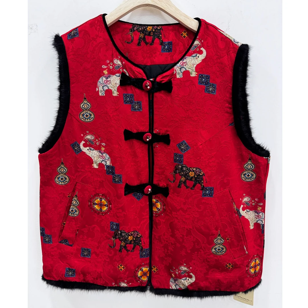 {莹莹推荐}9806冬季大码女装重工国风提花刺绣葫芦马甲