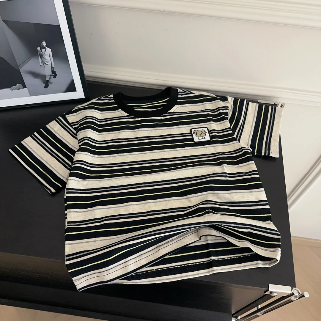【两个小盆友】2025儿童夏季韩版宽松条纹宽松短袖休闲时尚T恤5099