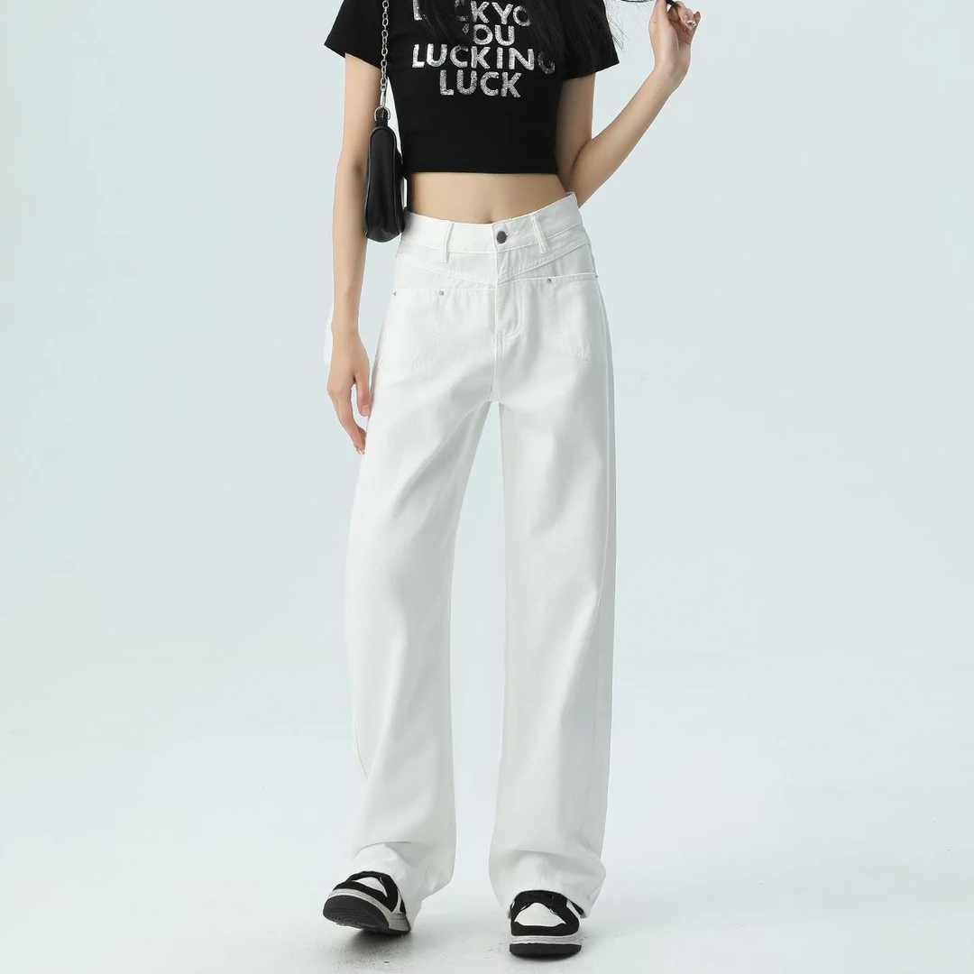 米白色阔腿牛仔裤女2025年春夏新款高腰宽松显瘦百搭直筒拖地裤子