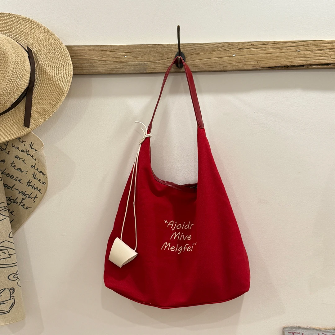 红色大容量帆布包女ins风单肩包慵懒风休闲百搭通勤托特包手提包