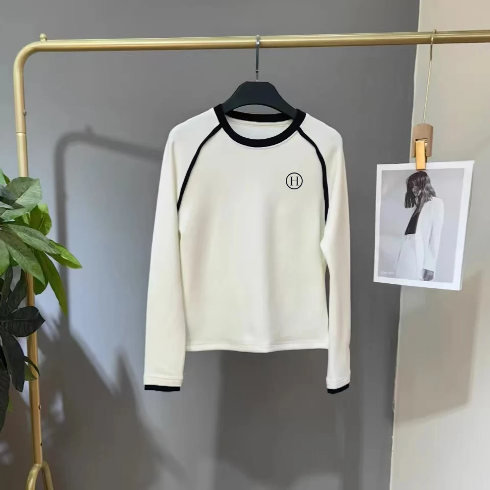 德绒打底衫2025秋季新款字母刺绣拼色休闲洋气百搭时尚长袖上衣女