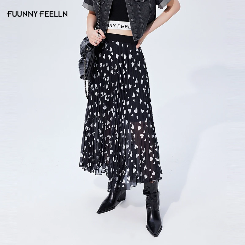 FF仿佛垂感百褶裙爱心波点高腰半身裙FW00911