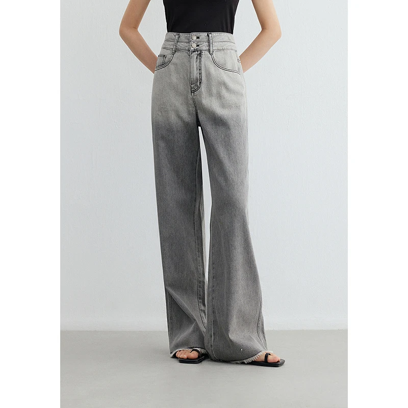 迪赛尼斯2025年夏季新款通勤宽松直筒拖地裤水洗高腰渐变牛仔裤女