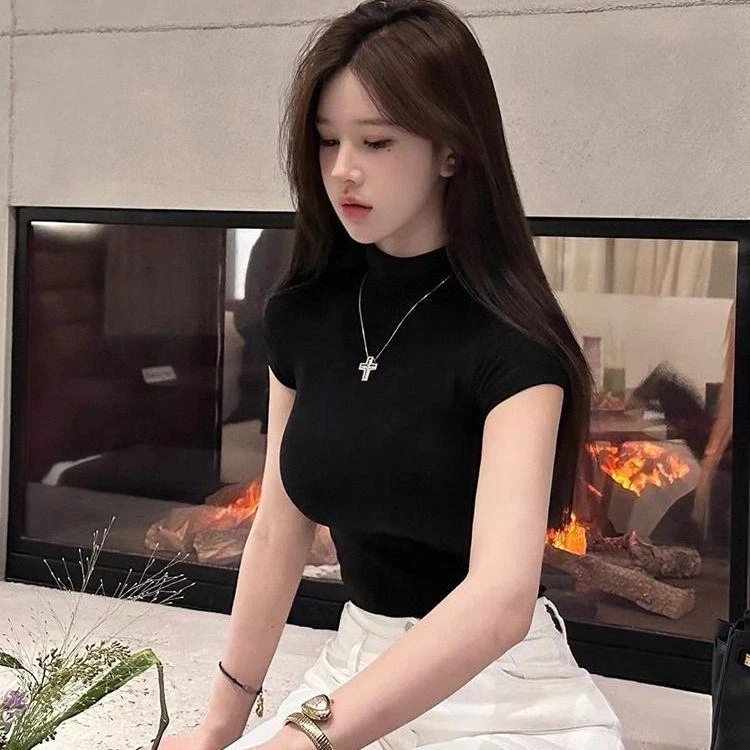气质弹力半高领t恤女薄款紧身夏季韩版洋气简约收腰修身打底上衣