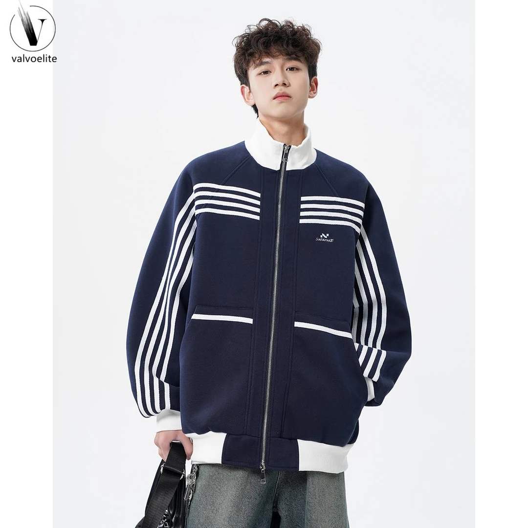 VALVOELITE条纹撞色夹克外套男春季新款美式潮牌宽松设计感立领开