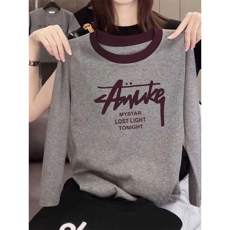 撞色圆领正肩字母长袖t恤女装秋冬季2025新款时尚洋气显瘦上衣潮