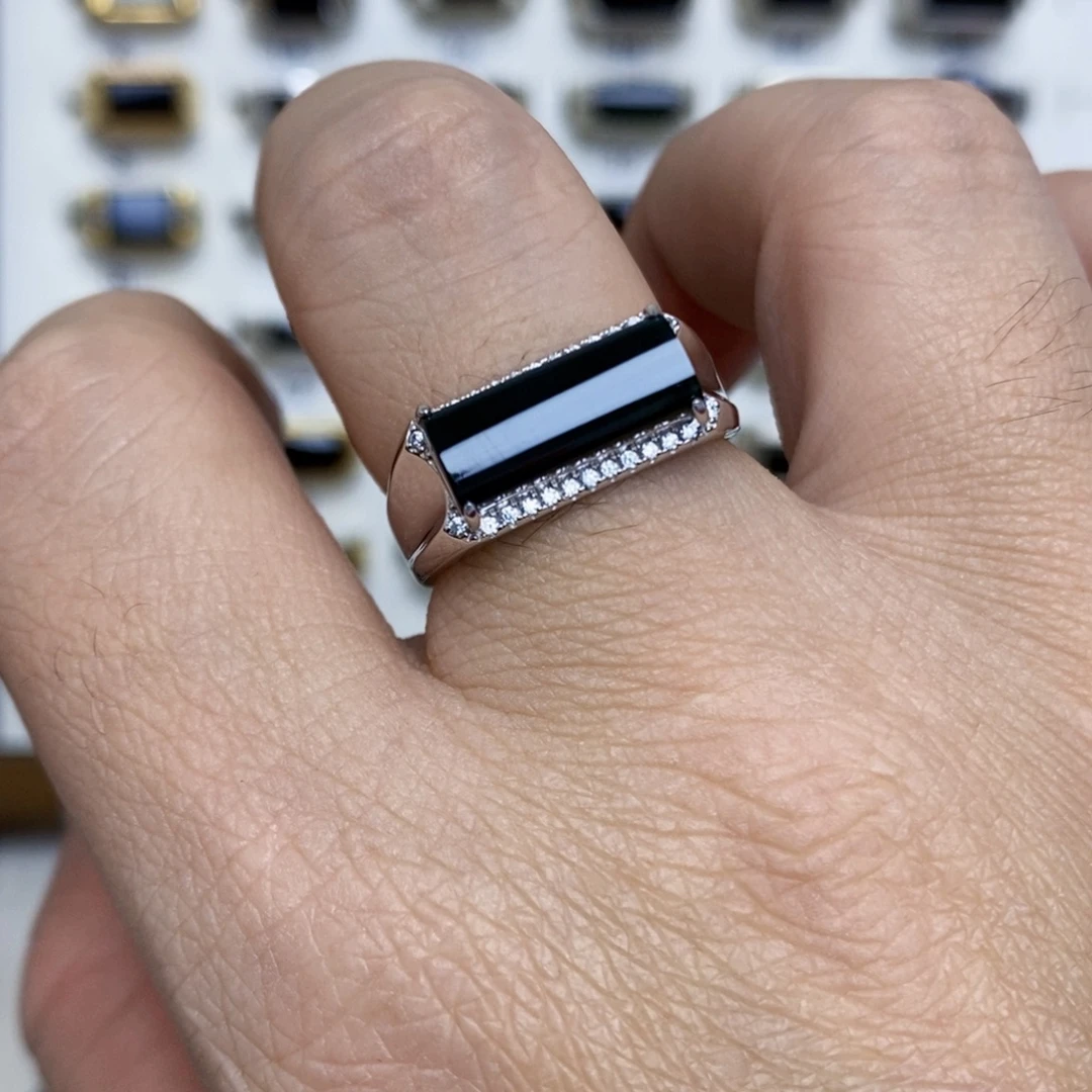 翡翠银S925镶嵌戒指墨翠戒指