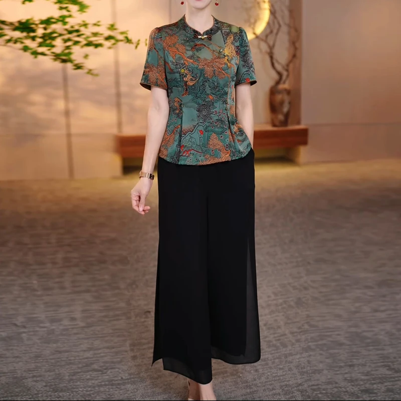 新中式国风短袖套装女2025夏季新款中年妈妈旗袍小衫阔腿裤两件套