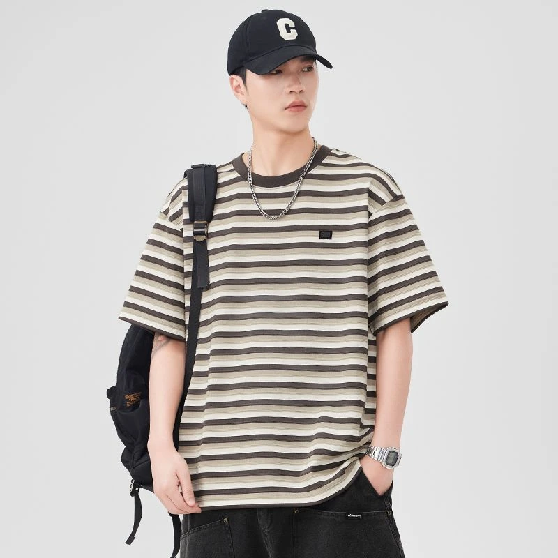 2025新款重磅条纹短袖t恤男夏季半袖宽松加肥加大码潮牌圆领体恤